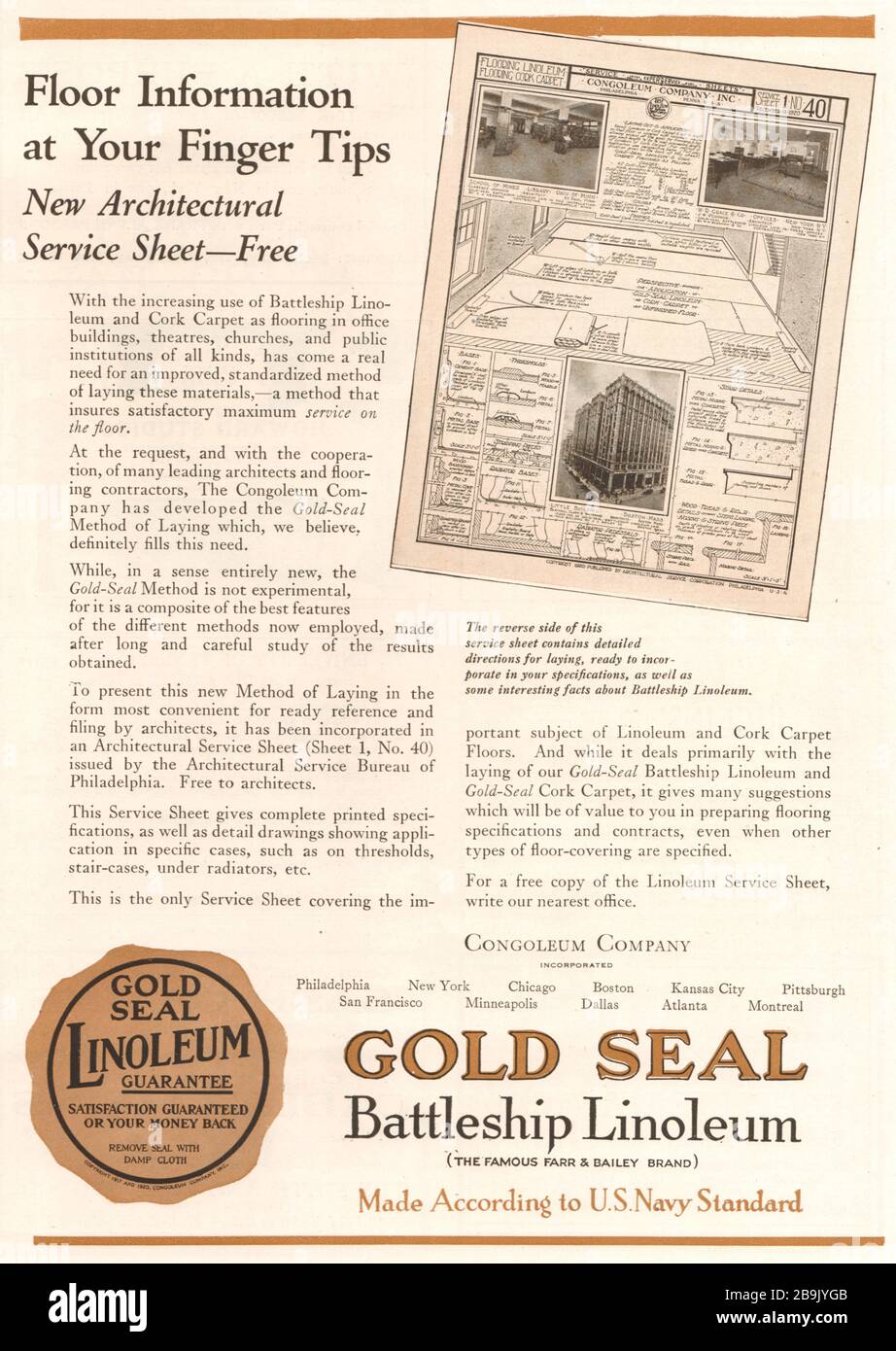 Bodeninformationen an Ihren Fingerspitzen. Neues architektonisches Service-Blatt-frei. Goldsiegel, Schlachtschiff Linoleum. Hergestellt nach US-Navy Standard (1922) Stockfoto