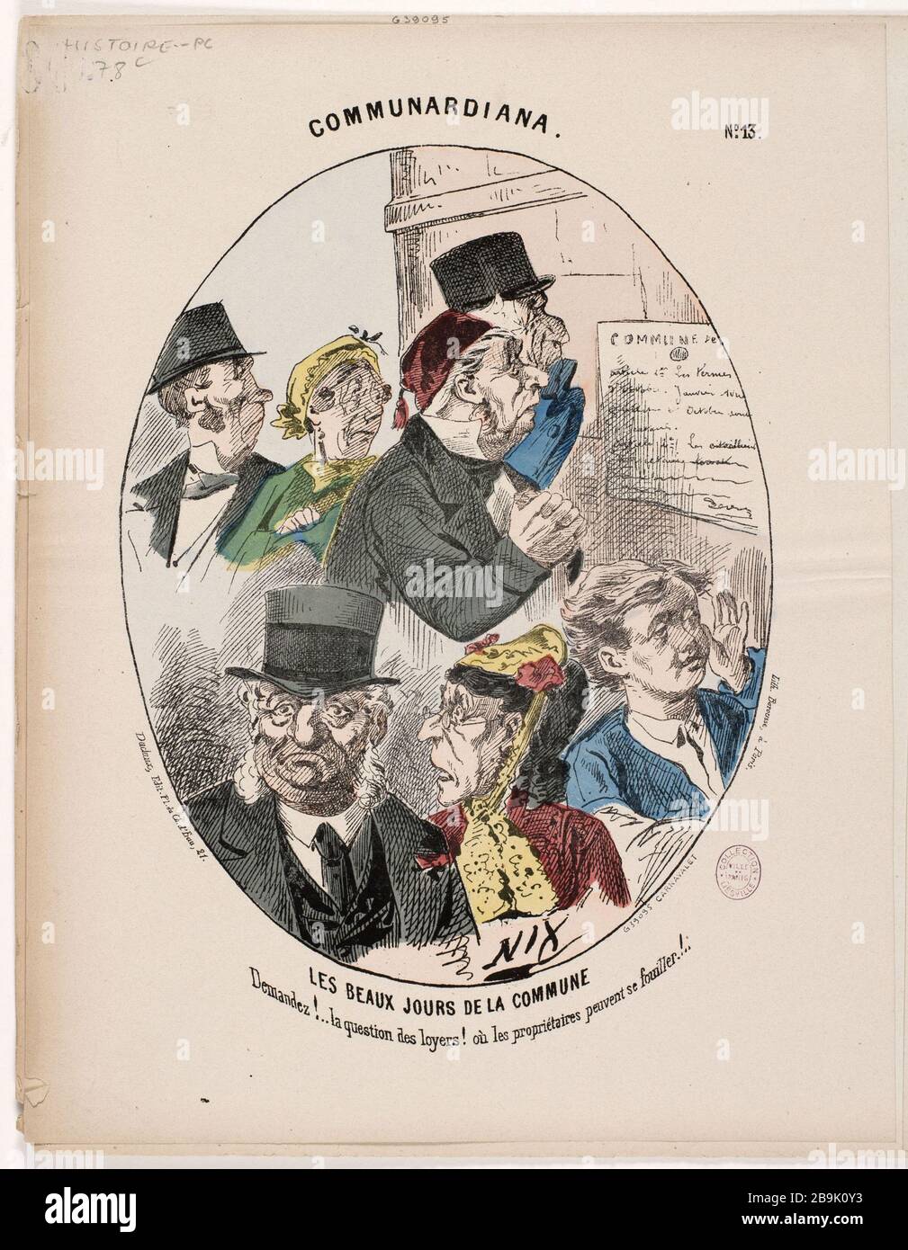 Communardiana, Nr. 13 - die Blütezeit der Kommune - fragen Sie ... Die Frage der Miete! Wo die Besitzer graben können! ... Nix. 'Communardiana, Nr. 13 - Les beaux jours de la Commune - Demandez!... La question des loyers! où les propriétaires peuvent se fouiller!" …. Lithographie coloriée. Paris, musée Carnavalet. Stockfoto