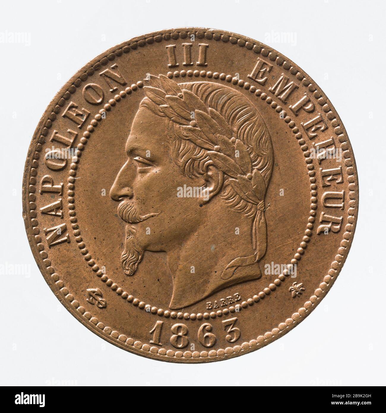 Teil 10 Cents Kupfer Napoleon, das Jahr 1863 Albert-Désiré Barré (1818-1878). pièce de 10 centimes en cuivre de Napoléon III, d. I. Cuivre. Das Jahr 1863. Paris, musée Carnavalet. Stockfoto