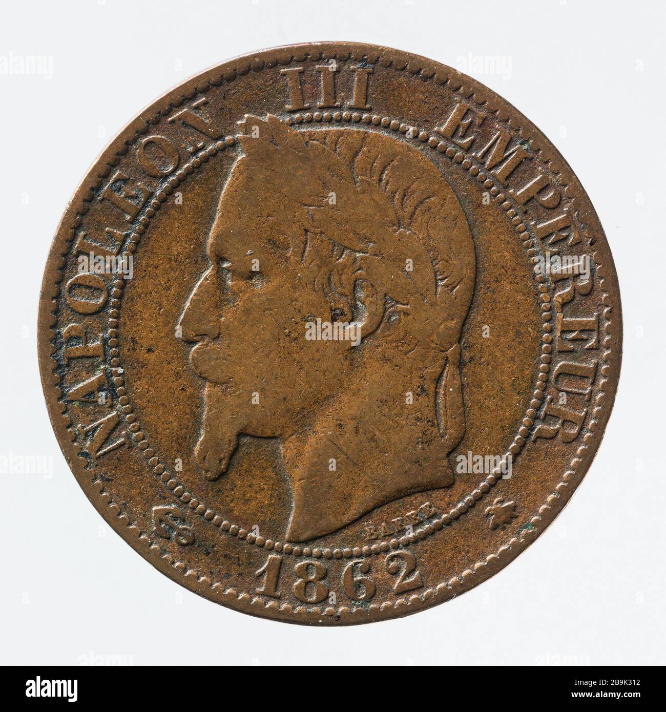 Teil 5 Cents Kupfer Napoleon, 1862 Albert-Désiré Barré (1818-1878). pièce de 5 centimes en cuivre de Napoléon III, 1862. Cuivre. Im Jahr 1862. Paris, musée Carnavalet. Stockfoto