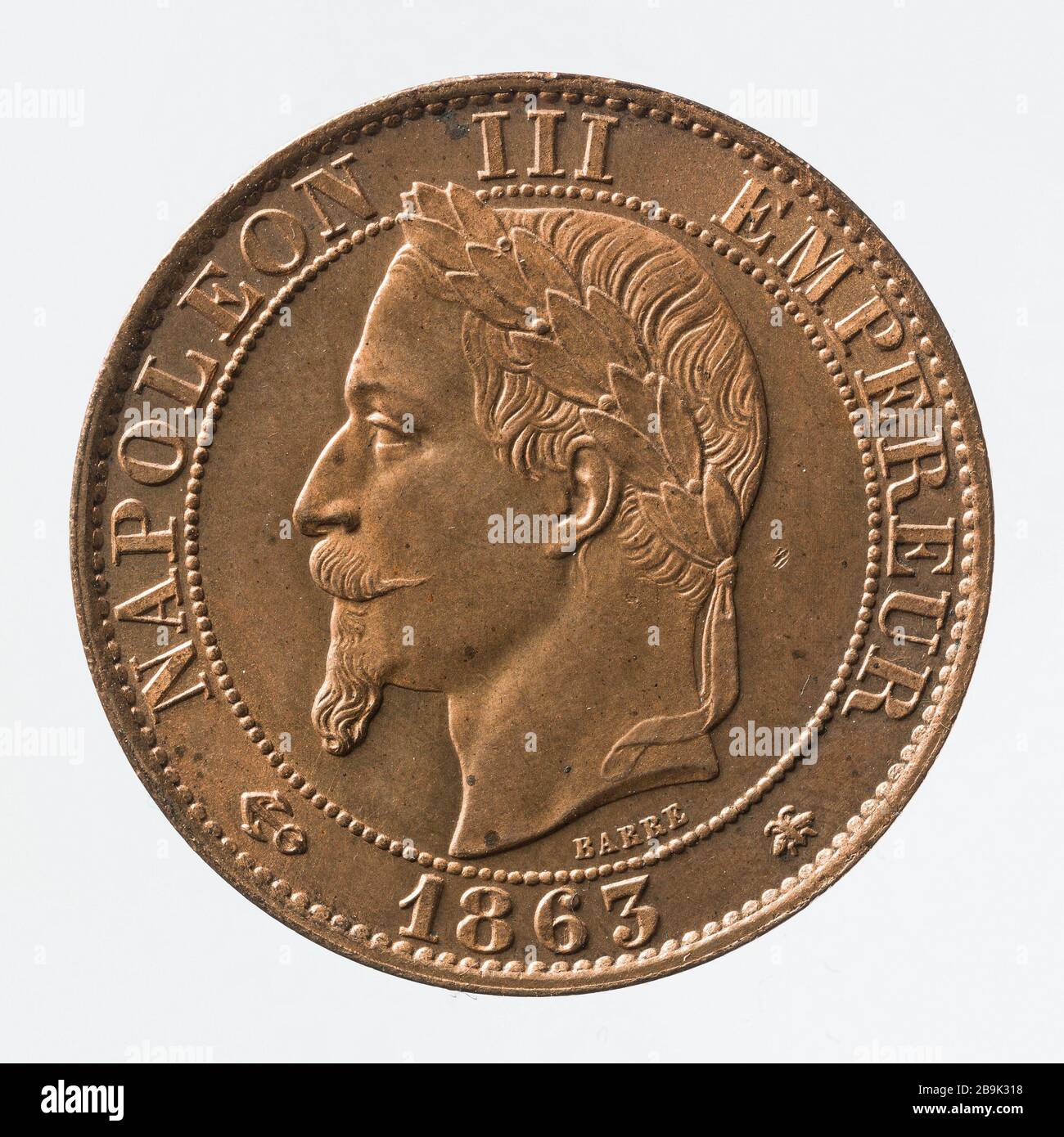 Teil 5 Cents Kupfer Napoleon, das Jahr 1863 Albert-Désiré Barré (1818-1878). pièce de 5 centimes en cuivre de Napoléon III, d. I. Cuivre. Das Jahr 1863. Paris, musée Carnavalet. Stockfoto