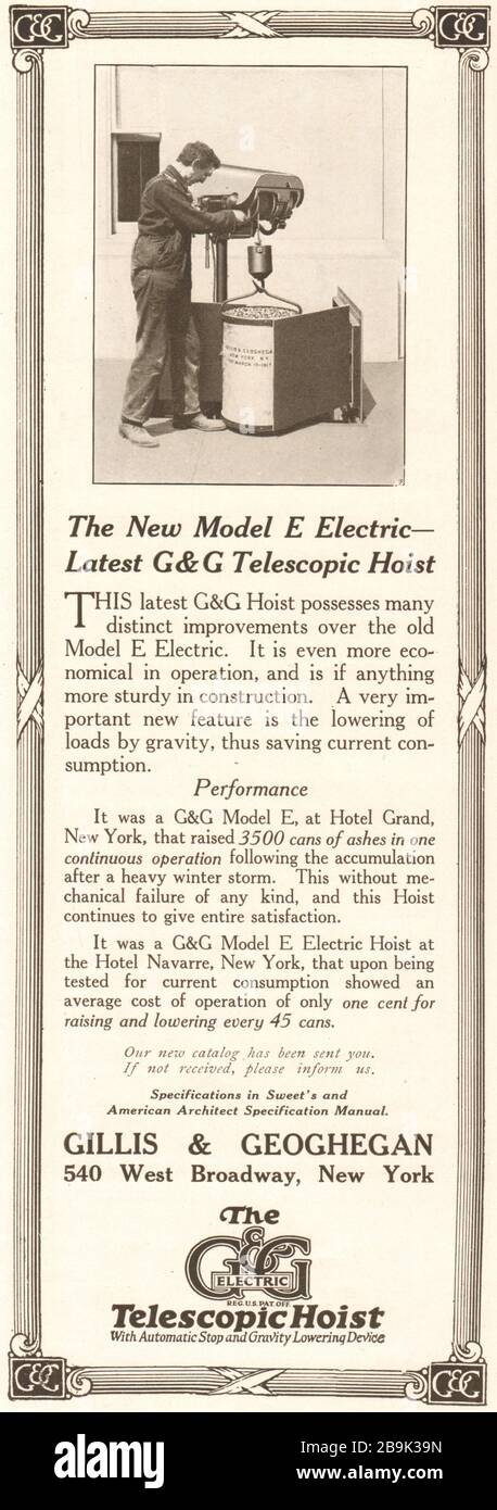 Das neue Modell E elektr. G&G Teleskop-Hebezeug. Gillis & Geoghegan, 540 West Broadway, New York (1922) Stockfoto