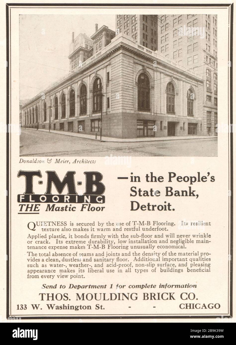 TMN-Spachtelboden, People's State Bank, Detroit. Donaldson & Meier, Architekten. Thos. Molding Brick Co., 133 W. Washington St, Chicago (1922) Stockfoto