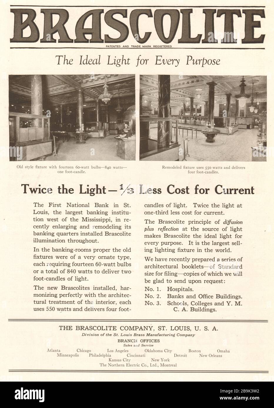 Brascolite. Das ideale Licht für jeden Zweck. Doppelt so leicht - 1/3 weniger Kosten für den aktuellen Stand. The Brascolite Company, St. Louis, Missouri, U.S.A (1922) Stockfoto
