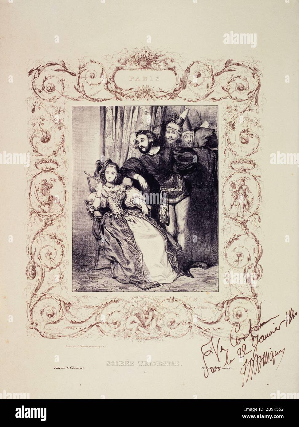 Paris - verkleideter Abend Paul Gavarni (1804-66). "Paris - soirée travestie". Tiefdruck. Paris, musée Carnavalet. Stockfoto