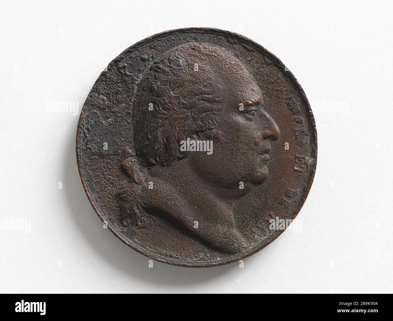 Grundsteinlegung des Canal Saint-Martin, Porträt von Louis XVIII, roi de France et de Navarra von 1822. (Autre face : posé de la première pierre du Canal Saint-Martin). Bronze. 1822. Paris, musée Carnavalet. Stockfoto