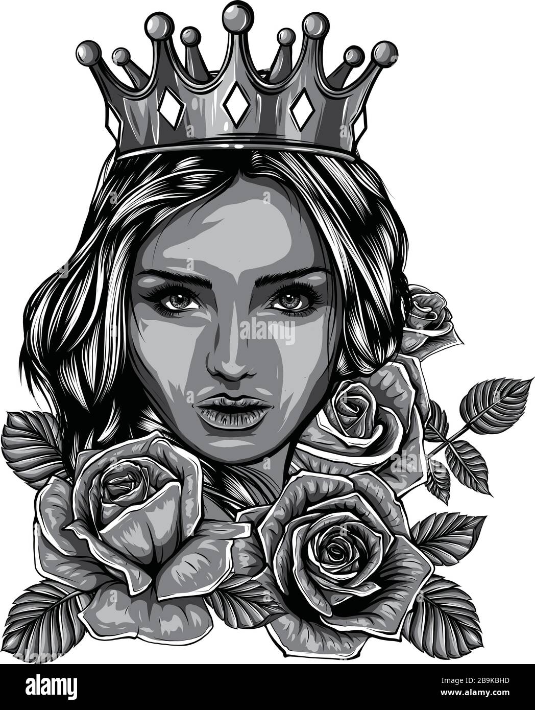 Monochromatisches Magic Woman Tattoo- und T-Shirt-Design. Symbol für Retro, Königin, Prinzessin, Dame. Stock Vektor