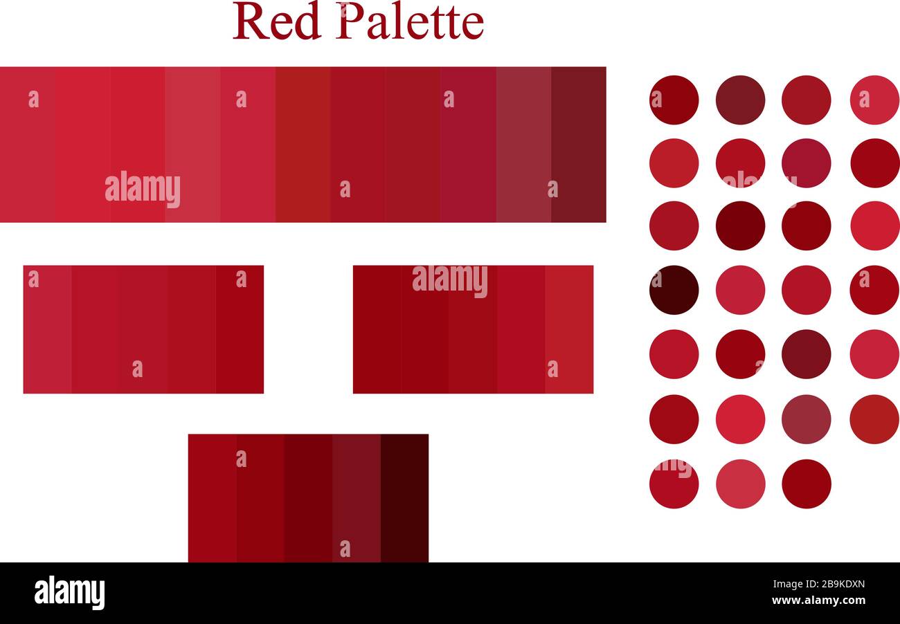 Farbpalette für Spektrumschema in Rot festgelegt. Abstraktes Scharlack verfärbt Modedesign, Fertigung, Stofffarben, Geschäftsidee und Interieur. Stock Vektor