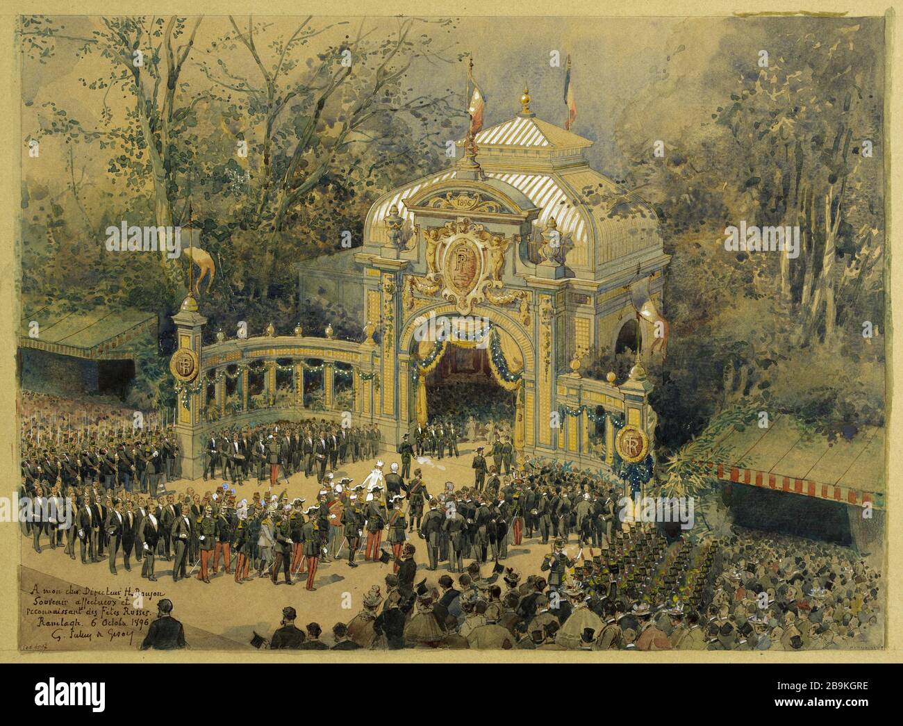 Ankunft von Zar Nicolas II und Tsarina Alexandra Feodorowna von der Station auf dem Rasen von Ranelagh, 6. Oktober 1896. Louis Henri Georges Scellier de Gisors (1844-1905). "Arrivée du Zar Nicolas II et de la tsarine Alexandra Feodorovna à la gare sur la pelouse du Ranelagh, le 6 octobre 1896". Aquarielle et gouache. Paris, musée Carnavalet. Stockfoto