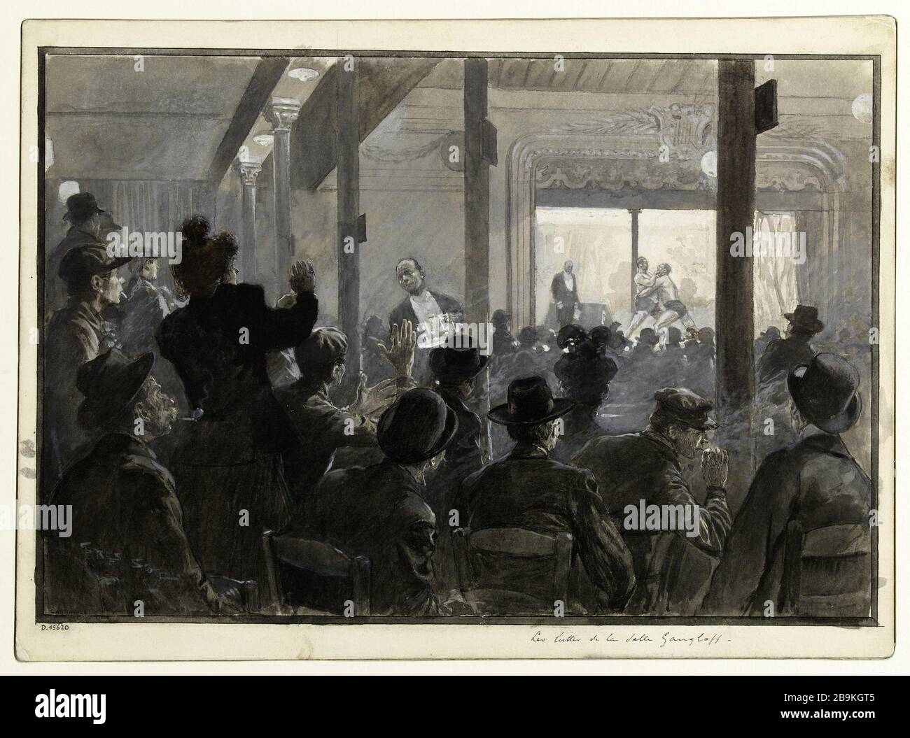 Kämpfende Ringer Gangloff-Raum, um 1899 Georges Bertin Scott (1873-1942). "Combat de lutteurs de la salle Gangloff, vers 1899". Crayon, pierre noire, lavis rehaut de gouache. Paris, musée Carnavalet. Stockfoto