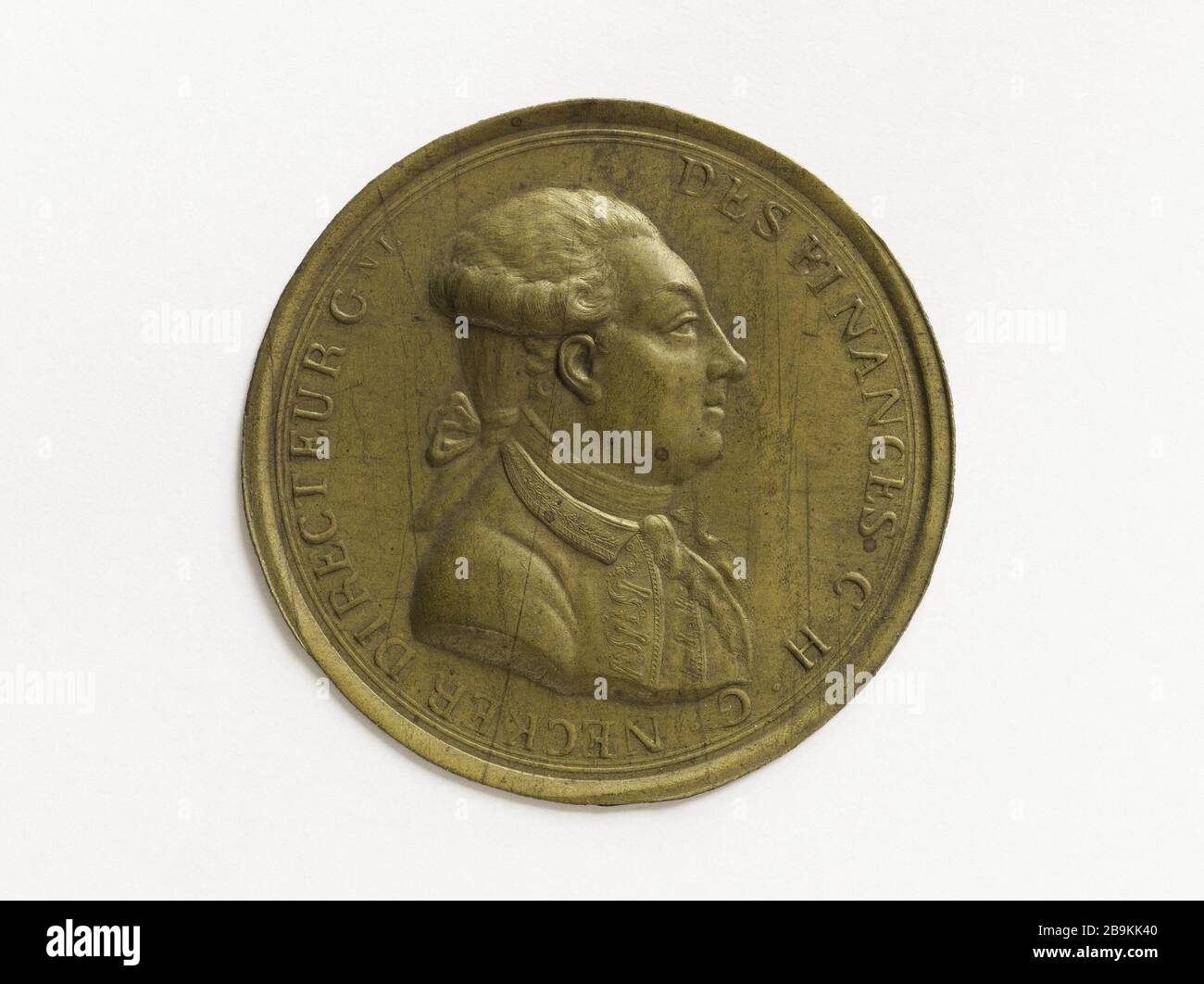 Jacques Necker (1732-1804), CEO des königlichen Schatzamtes (1776-1775), Generaldirektor der Finanzen (1777-178988-1789), ehemaliger Finanzminister (1789-1810), 1804 Etienne Montagny (1816-1895). Jacques Necker (1732-1804), Directeur général du Trésor Royal (1776-1777), Directeur général des Finances (1777-1783, 1788-1789), Premier ministre des finances (1789-1810), 1801. Cuivre repoussé, 1804. Paris, musée Carnavalet. Stockfoto