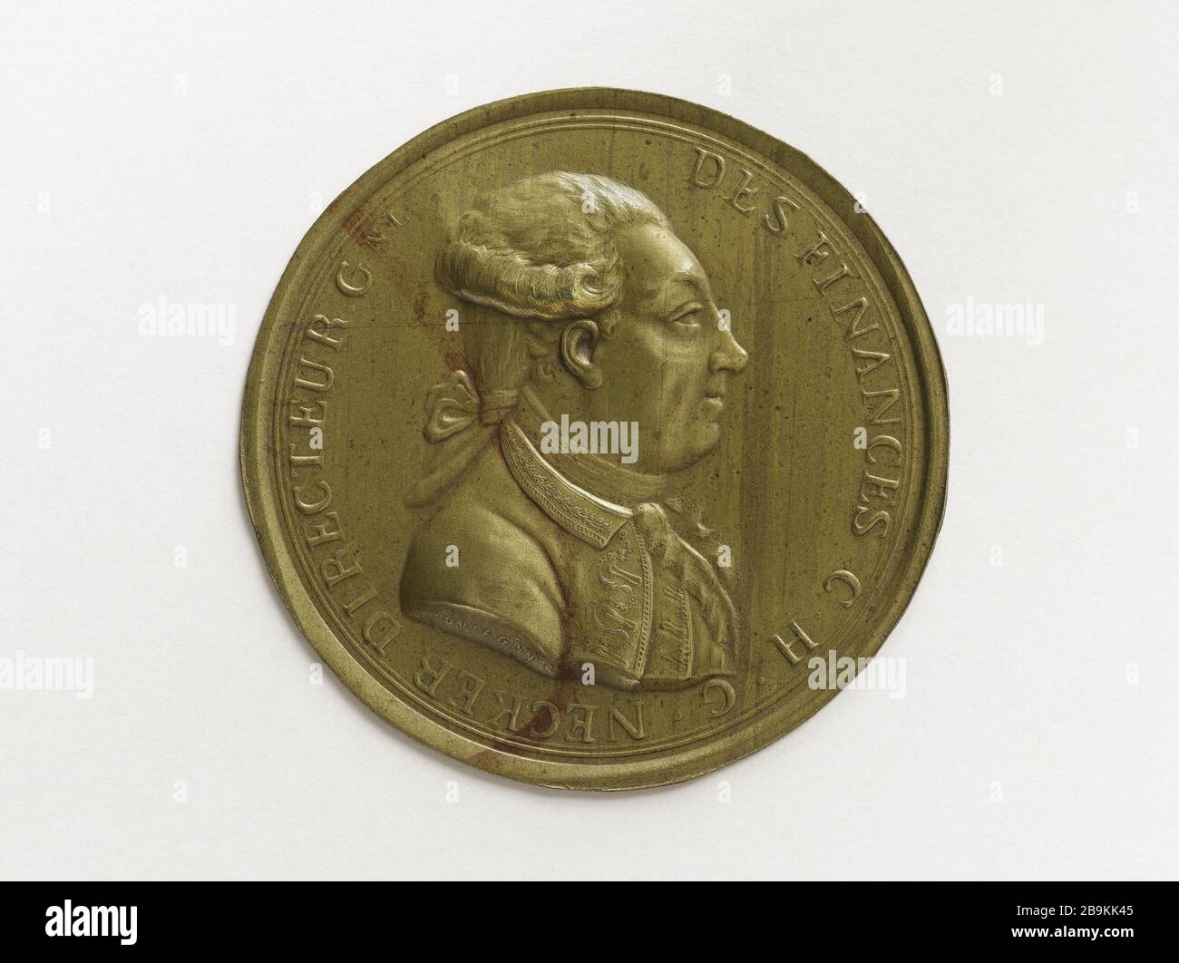 Jacques Necker (1732-1804), CEO des königlichen Schatzamtes (1776-1775), Generaldirektor der Finanzen (1777-178988-1789), ehemaliger Finanzminister (1789-1810), 1804 Etienne Montagny (1816-1895). Jacques Necker (1732-1804), Directeur général du Trésor Royal (1776-1777), Directeur général des Finances (1777-1783, 1788-1789), Premier ministre des finances (1789-1810), 1801. Cuivre repoussé, 1804. Paris, musée Carnavalet. Stockfoto