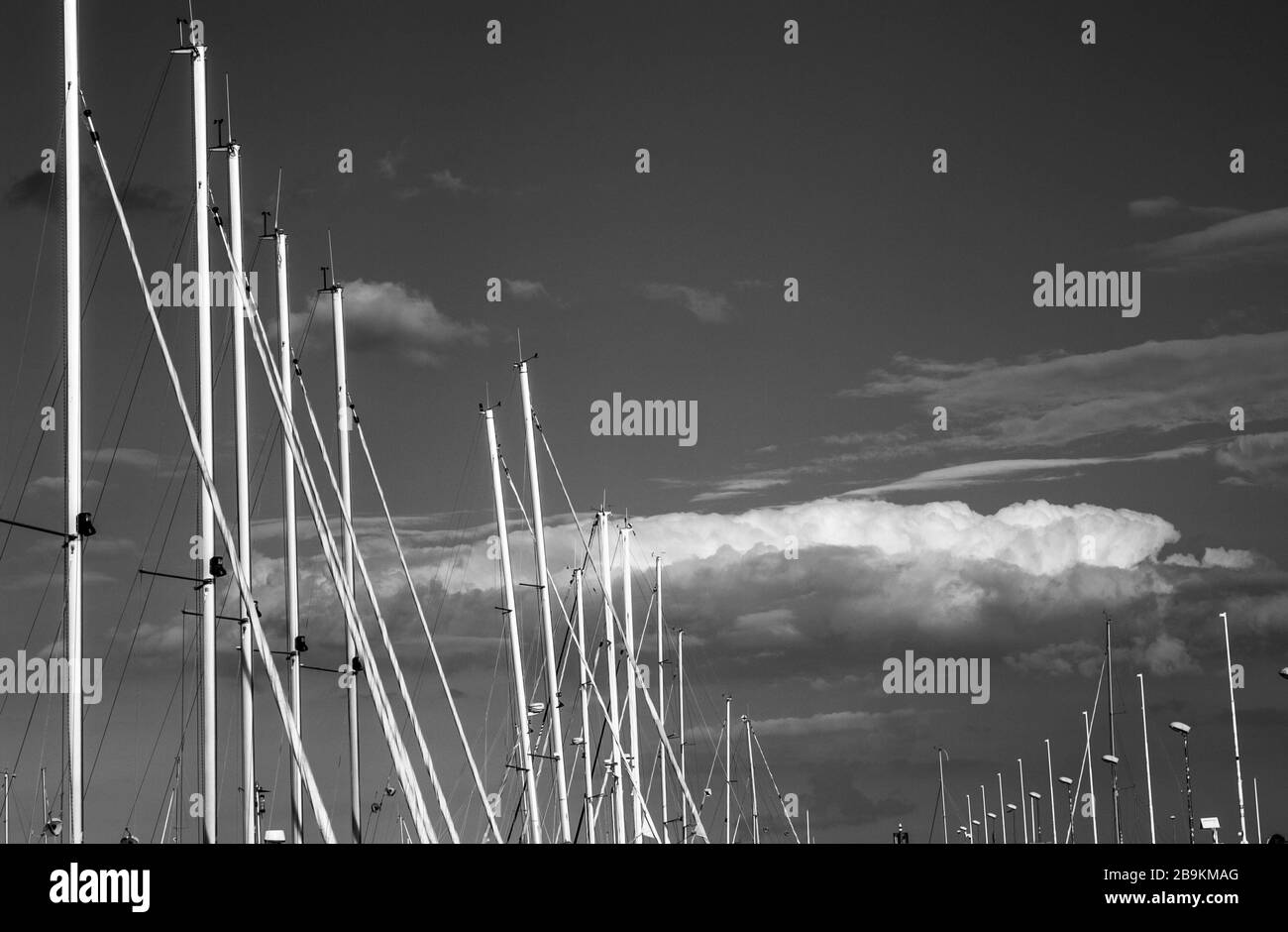 Masten von Yachten in Jachthafen Marina Gdynia an der Danziger Bucht in der Ostsee, Gdynia Polen - monochromes Bild Stockfoto