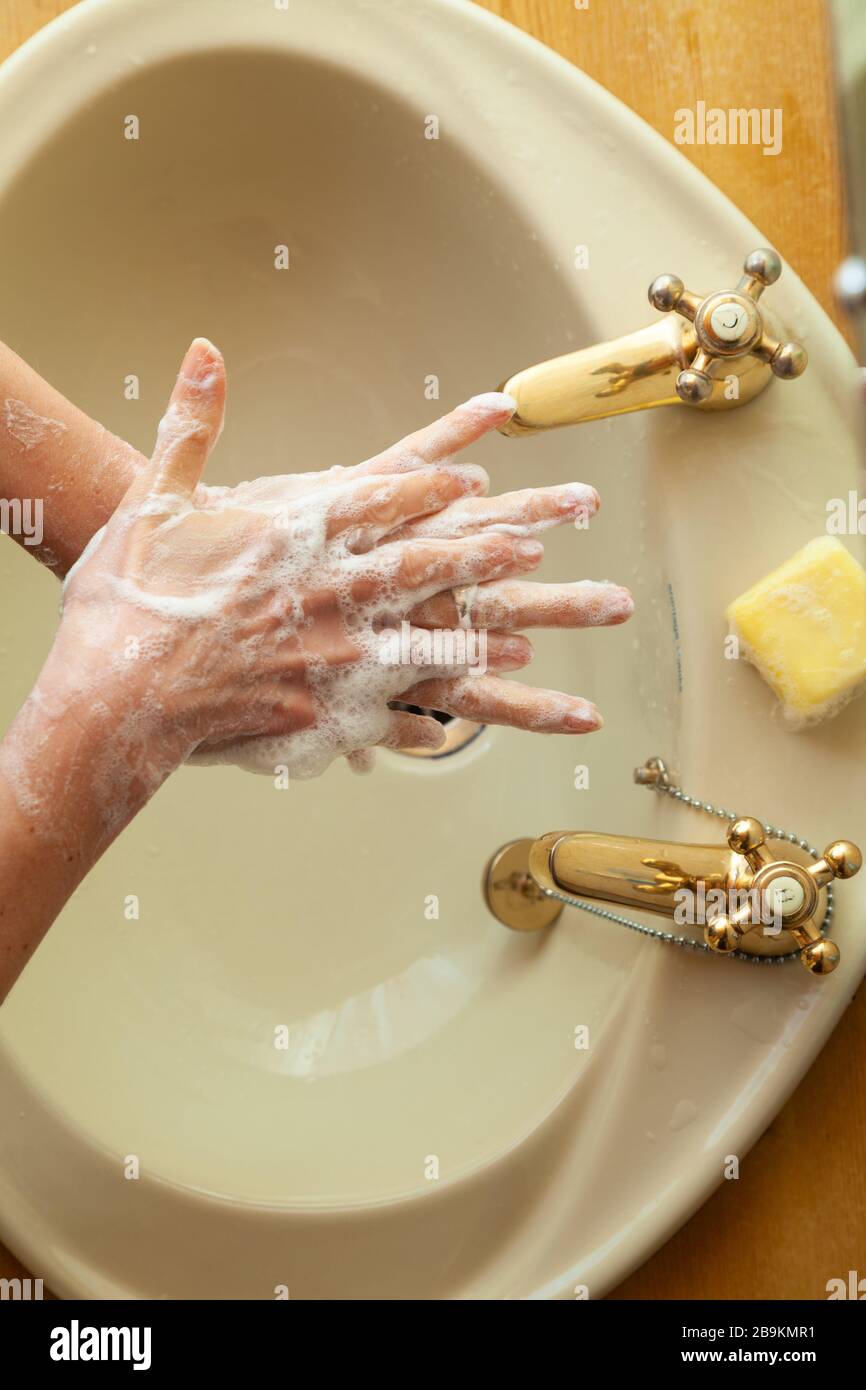 Frau wäscht ihre Hände mit Seife an einem Waschbecken von oben Stockfoto