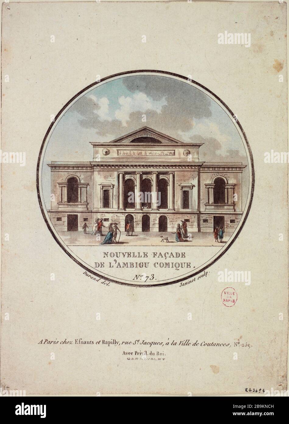 NEUE VORDERSEITE DES COMICS ZWEIDEUTIG, AUSGABE 73 Jean-François Janinet (1752-1814). "Nouvelle façade de l'Ambigu Comique, numéro 73". Tiefdruck. Paris, musée Carnavalet. Stockfoto