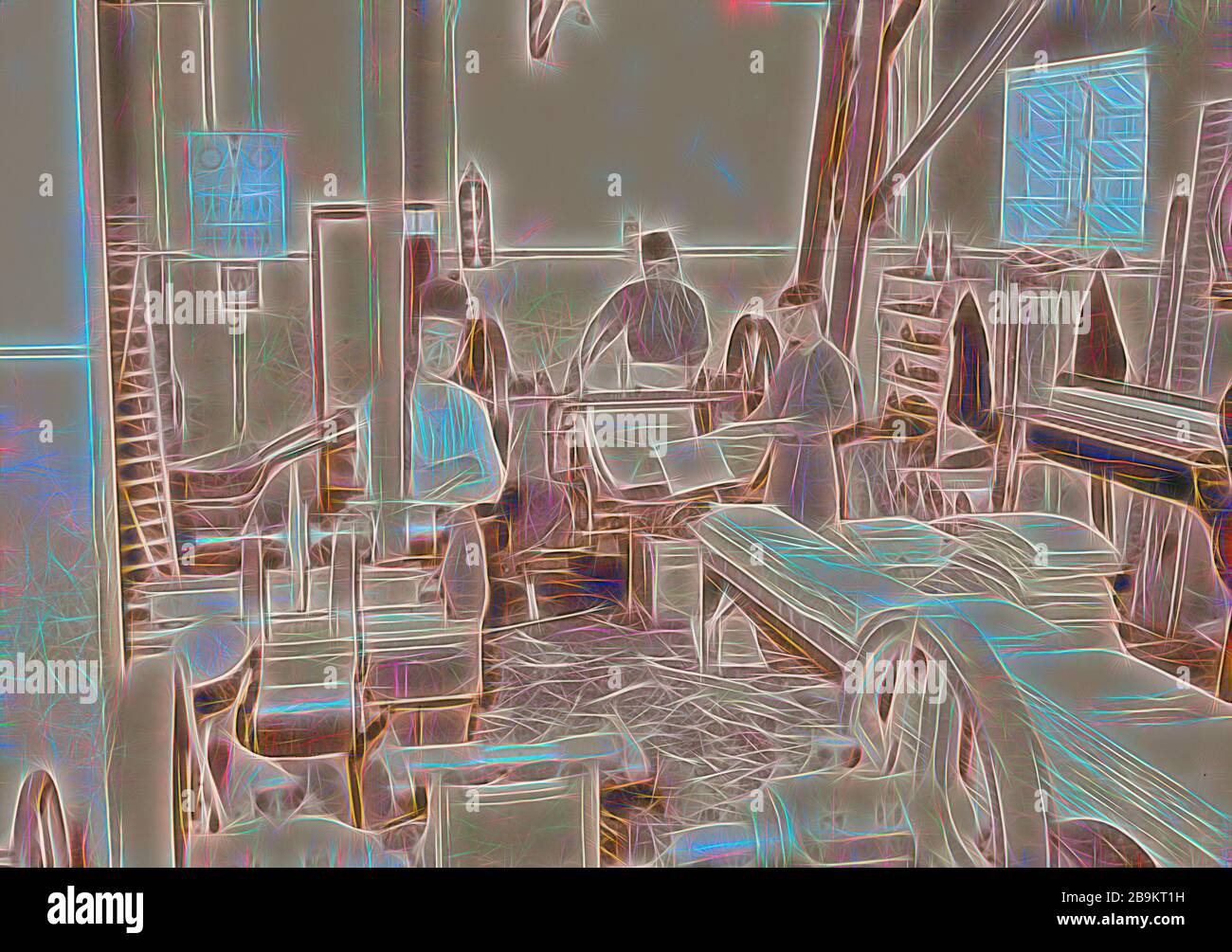 Arabische Fabriken und allgemeine Verbesserungen in Nablus, Streichelfabrik. Schneiden von Protokollen auf Drehleier in Streifen. 1940, Westjordanland, Nablus, Naher Osten, Naher Osten Stockfoto