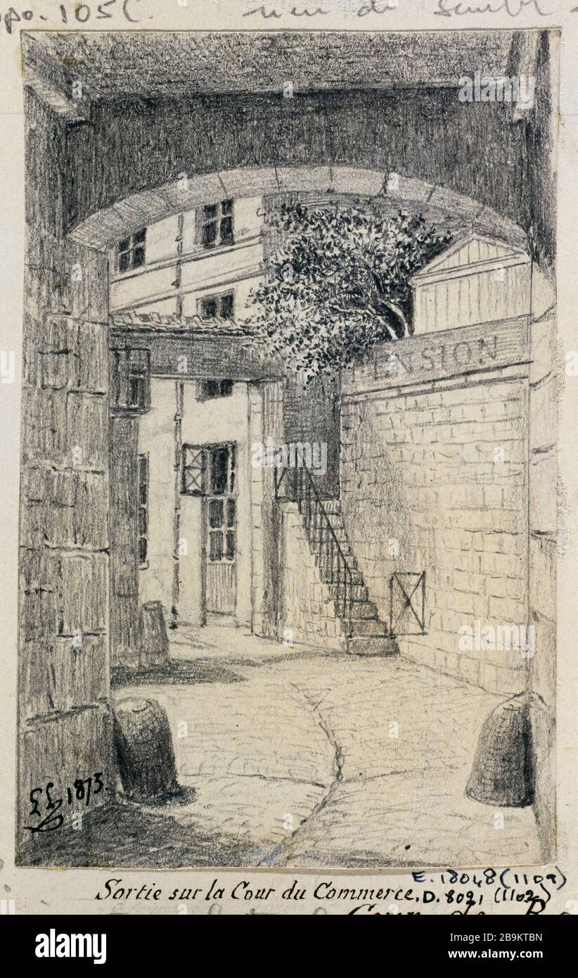 Ausgang zum Handelsgericht vom Cour de Rohan, 1875 Léon Leymonnerye (1803-1879). Sortie sur la Cour du Commerce depuis la cour de Rohan. Crayon, 1875. Paris, musée Carnavalet. Stockfoto