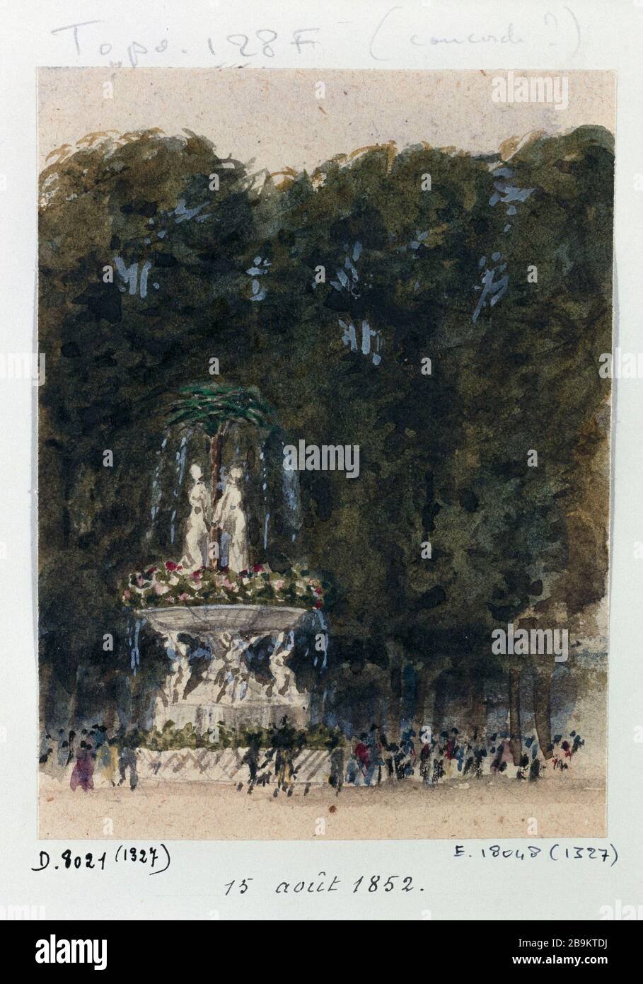 August, dem 15. August, im Place de la Concorde Léon Leymonnerye (1803-1879). Fête du 15 août, im Jahre 1852 sur la Place de la Concorde. Aquarelle, Gouache, 1852. Paris, musée Carnavalet. Stockfoto