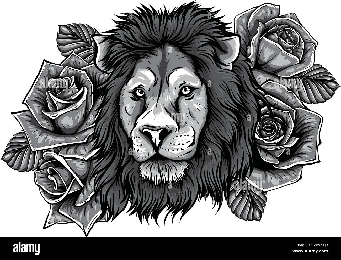 Ein schöner Löwe in einem Kranz aus wilder Rose. Vektorgrafiken Stock Vektor