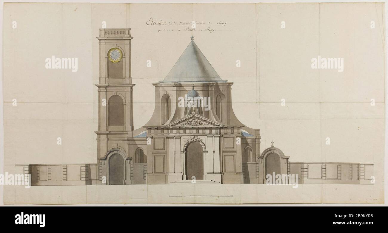 Erhebung des Portals der neuen Pfarrei Choisy Ange-Jacques Gabriel (1698-17892). "Elévation du portail de la nouvelle paroisse de Choisy". Pflaume, Lavis gris, bleu et jaune. Paris, musée Carnavalet. Stockfoto