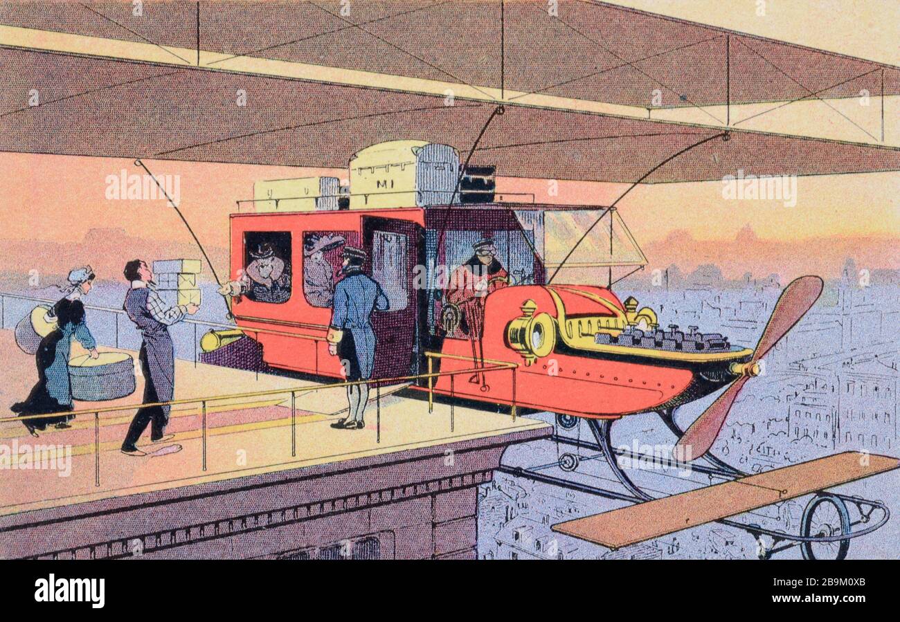 Futuristische oder futuristische Illustration eines Flugzeugtaxi oder Flugtaxi, das Passagiere von der Dachterrasse eines Hochrisengebäudes abholt. Abbildung aus dem Jahr 1911 Stockfoto