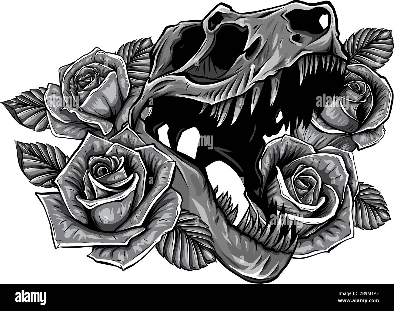 Monochromatische, detaillierte Skizzenzeichnung des brüllenden rahmens von tyrannosaurus rex und Rosen. Tattoo-Design. Stock Vektor