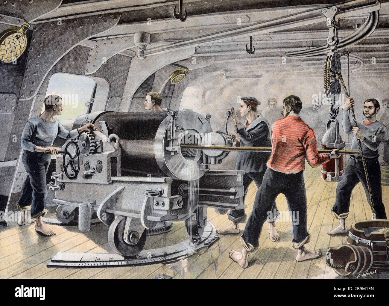 Abbildung: Seeschlacht und Kriegsschiff oder Kanonenboot der United States Navy mit Segelschiffen, die während des Spanisch-Amerikanischen Krieges 1898 Cannon oder Big Gun feuern Stockfoto