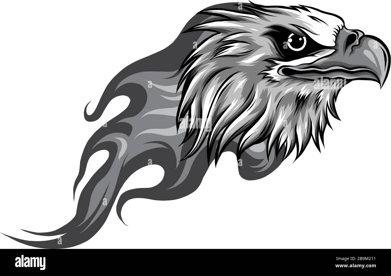 Monochromatischer Adler-Kopf mit Flammenvektor-Illustration Stock Vektor
