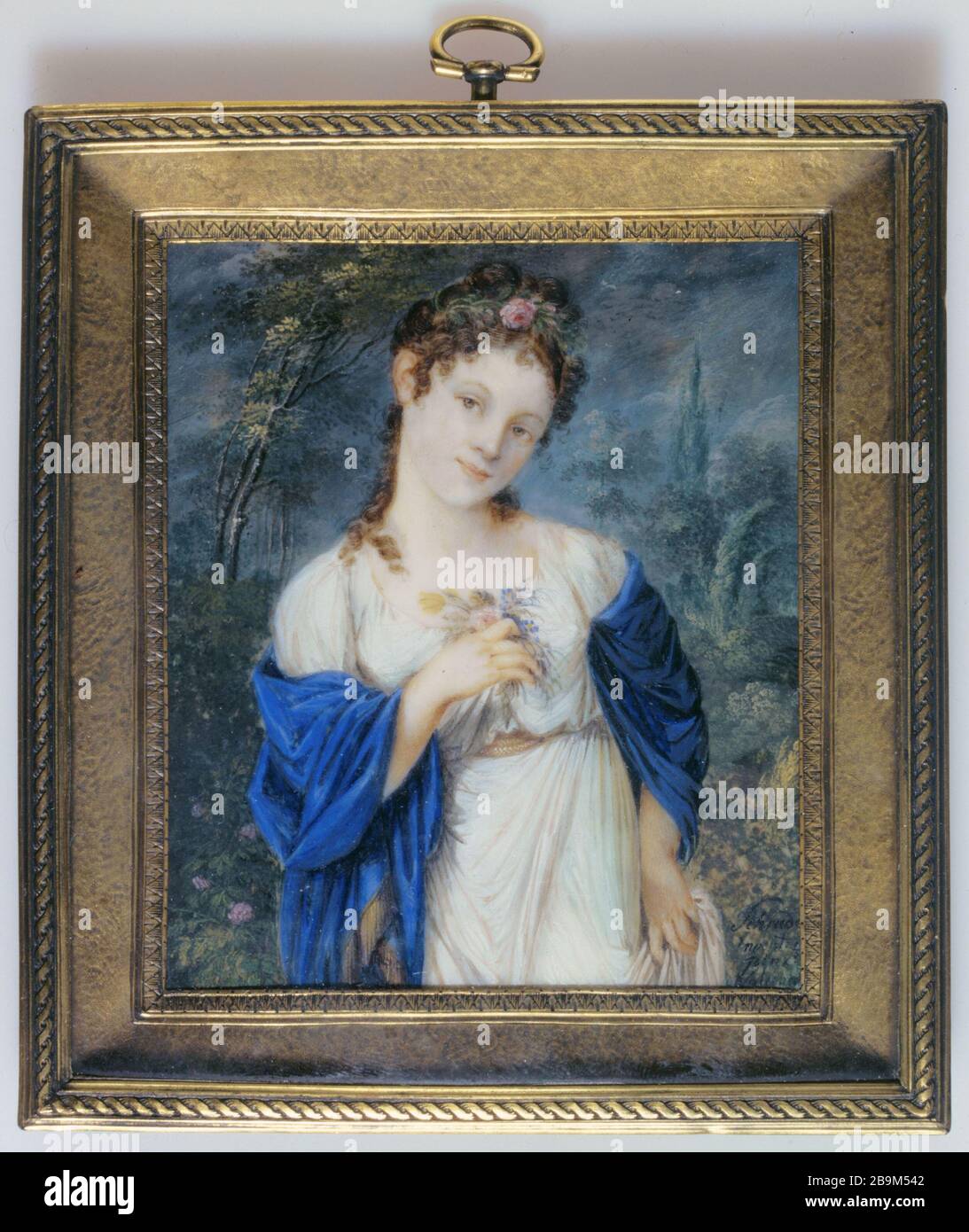 Rechteckige Miniatur eines jungen Frauenporträts Flora Schrader. "Iniature rectangulaire representant un Portrait de jeune femme en Flore". Gouache sur ivoire dans un cadre en cuivre sur Fond de bois entouré de cuivre. Ecole danoise, XVIIIème siècle. Paris, musée Cognacq-Jay. Stockfoto