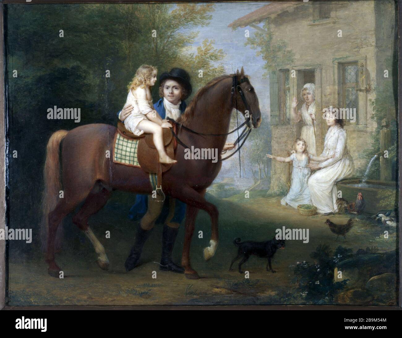 MALER UND SEINE FAMILIE VOR EINEM LANDHAUS JEAN-ANTOINE LAURENT (1763-1832). "Le Peintre et sa famille devant une maison de campagne, 177-1798". Aquarelle et gouache sur carton partiellement doublé par deux plaques d'ivoire. Paris, musée Cognacq-Jay. Stockfoto