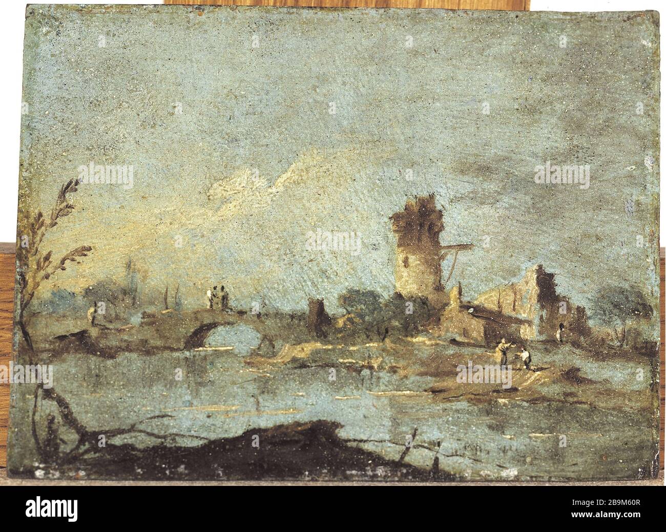 CAPRICE MIT RUSTIKALER BRÜCKE UND TURMRUINE Francesco Guardi (attribué à). "Caprice Rustique avec pont et Tour en ruine". Huile sur bois. Paris, musée Cognacq-Jay. Stockfoto