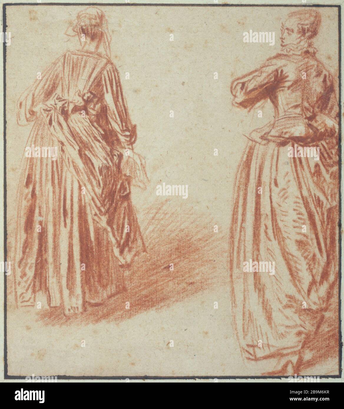STUDIE ÜBER ZWEI FRAUENFIGUREN - RÜCKSEITE VON ANSICHTEN JEAN-ANTOINE WATTEAU (1684-1721). "Etüde de deux figures de femmes, vues de dos". Sanguine sur Papier, XVIIIème siècle. Paris, musée Cognacq-Jay. Stockfoto