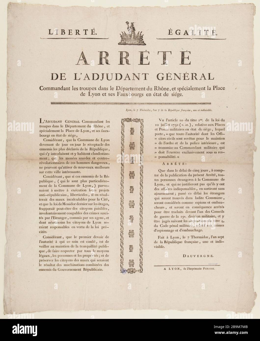ORDNUNG DES HAFTBEFEHLS UND GENERAL.LYON VORORTE IM BELAGERUNGSZUSTAND ANONYME. "Arrêté de l'adjudant général. Lyon et ses fauxbourgs en état de siège'. Tiefdruck sur bois/Typographie. Im Jahr 1799. Paris, musée Carnavalet. Stockfoto