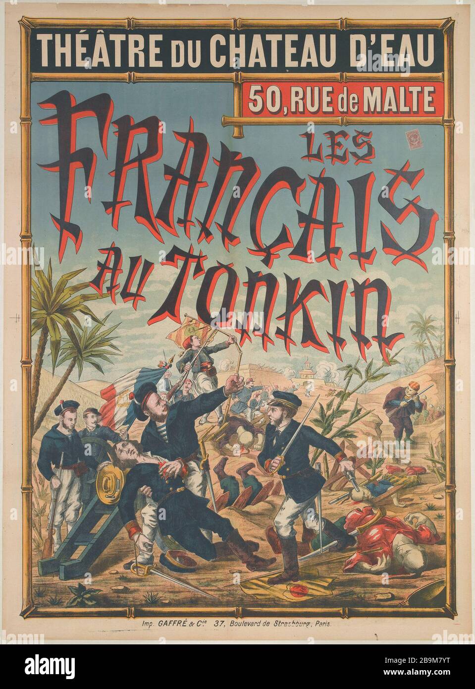 TH. DAS SCHLOSS VON WASSER, DIE FRANZÖSISCHE TONKIN ANONYME. "Théâtre du Château d'Eau, Les Français au Tonkin". Lithographie, 1901. Paris, musée Carnavalet. Stockfoto