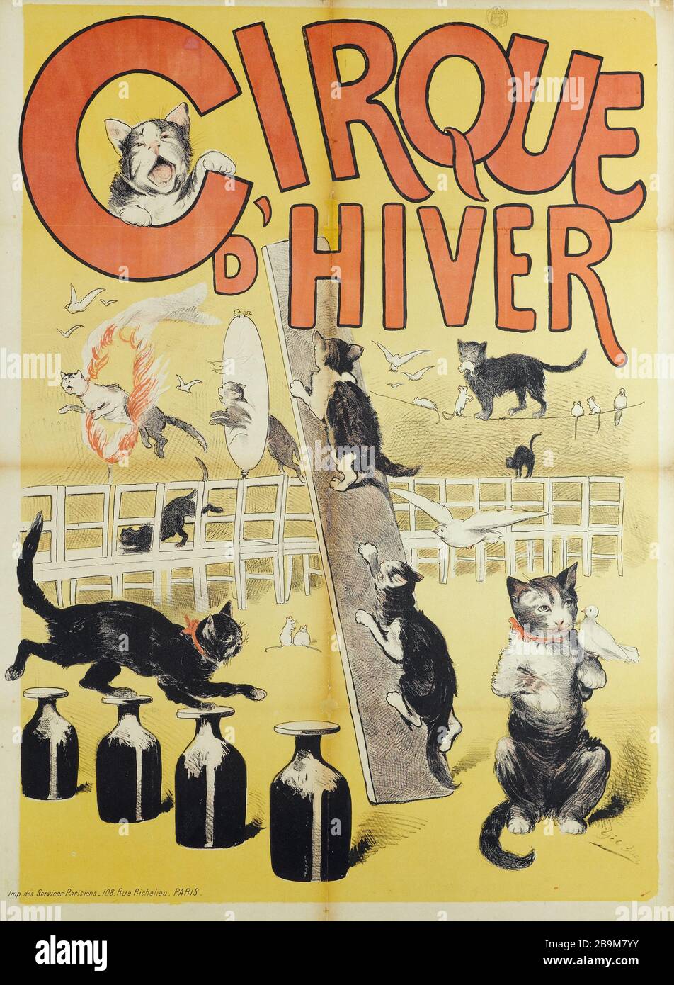 WINTERZIRKUS (CATS SCIENTISTS) Gil Baer (1859-1931). Imprimerie des Services parisiens. Cirque d'Hiver (Les Chats); Cirque d'Hiver (Les Chats Savants). Affiche. Lithographie couleur, 188.1. Paris, musée Carnavalet. Stockfoto