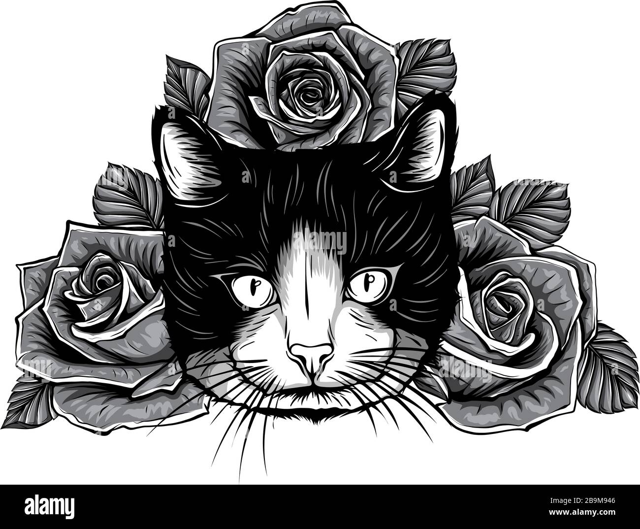 Monochromatischer Zeichentrickfilm flauschige Katze mit Rosen. Siamkatze mit offenen Augen und Blumen. Malbuch für Erwachsene und Kinder. Stock Vektor