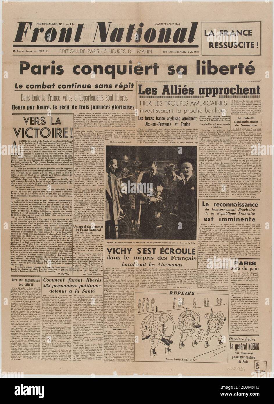 Journal 'National Front' vom 22. August 1944 Journal 'Front National' du 22 août 1944. Papierimprimé, 1944. Musée du Général Leclerc de Hauteclocque et de la Libération de Paris, musée Jean Moulin. Stockfoto