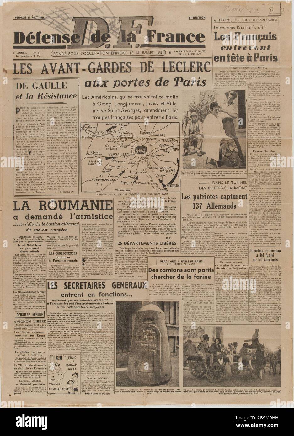 Journal 'Defense of France' vom 25. August 1944 Journal 'Défense de la France' du 25 août 1944. Papierimprimé, 1944. Musée du Général Leclerc de Hauteclocque et de la Libération de Paris, musée Jean Moulin. Stockfoto