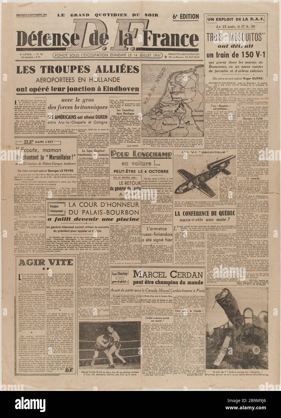 Journal 'Defense of France' vom 20. September 1944 Journal 'Défense de la France' du 20 septembre 1944. Papierimprimé, 1944. Musée du Général Leclerc de Hauteclocque et de la Libération de Paris, musée Jean Moulin. Stockfoto