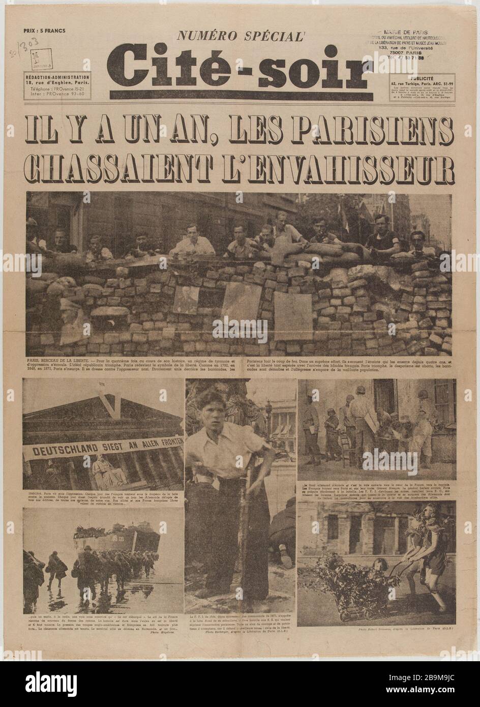 Journal Special Issue 'City-Night' on the Liberation of Paris Numéro Spécial du Journal 'Cité-Soir' sur la libération de Paris. Papierimprimé, 1945. Musée du Général Leclerc de Hauteclocque et de la Libération de Paris, musée Jean Moulin. Stockfoto