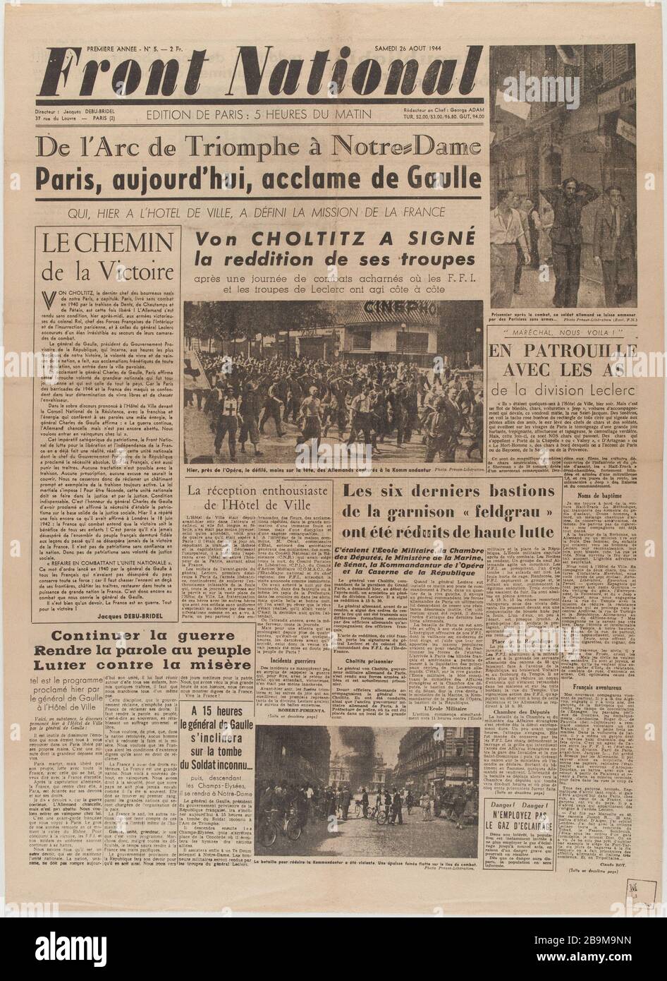 Journal 'National Front' vom 26. August 1944 Journal 'Front National' du 26 août 1944. Papierimprimé, 1944. Musée du Général Leclerc de Hauteclocque et de la Libération de Paris, musée Jean Moulin. Stockfoto