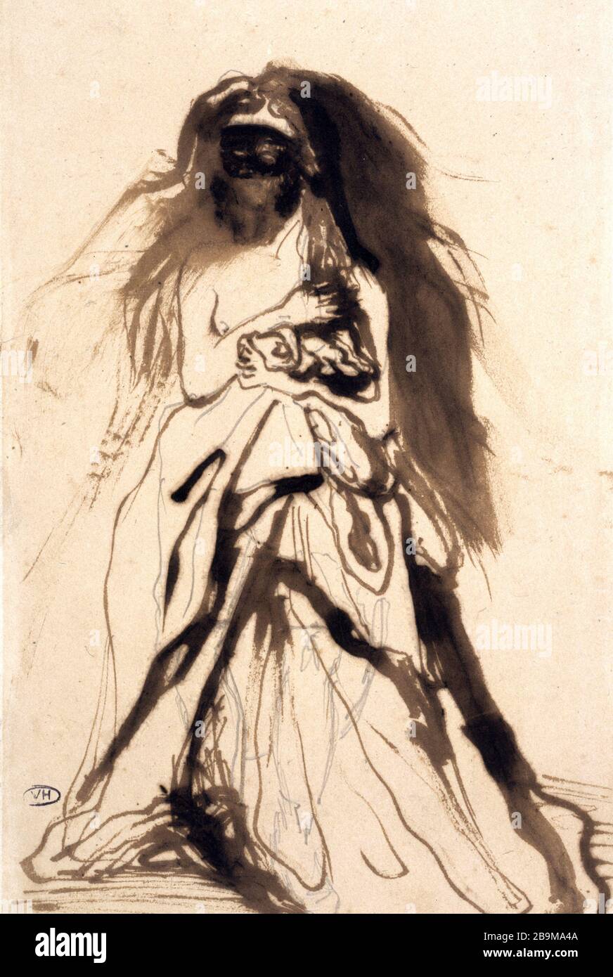 MASKIERTE FRAU, DIE SEINEN MANTEL Victor Hugo (1802-1885) hält. "Femme masquée remanant son manteau". Plume et lavis d'encre brune sur crayon de Graphit, Papier vélin. Paris, Maison de Victor Hugo. Stockfoto