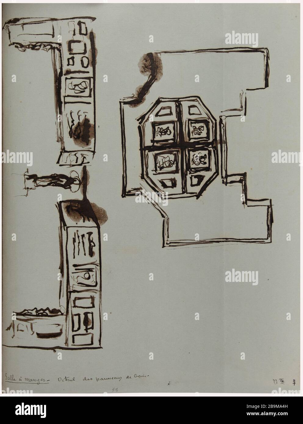 Details des Raumes Holztafeln Raum Victor Hugo. "DÉTAILS des panneaux de bois de la salle à manger". Papier vélin gris-bleuté. 1864. Paris, Maison de Victor Hugo. Stockfoto