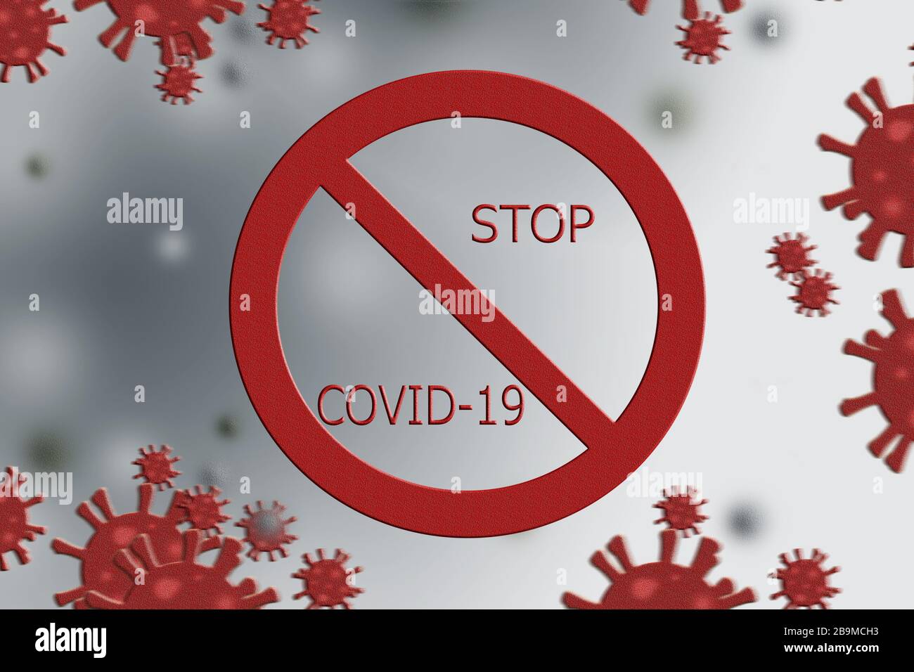 Stoppen Sie COVID-19 closeup.Red Cronavirus auf einem silbernen Hintergrund Stockfoto