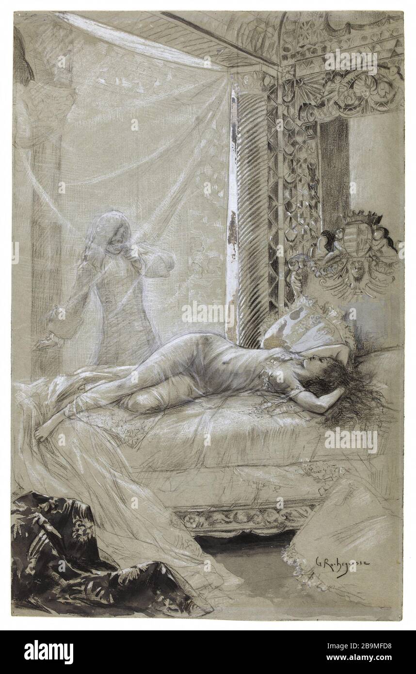 JOSIANE IM SCHLAF, DER MANN, DER GEORGES-ANTOINE ROCHEGROSSE LACHT. "Josiane dans son alcôve, L'Homme qui rit." Craie blanche, crayon Conté, reshuts de gouache blanche sur Papier, fin XIXème. Paris, Maison de Victor Hugo. Stockfoto