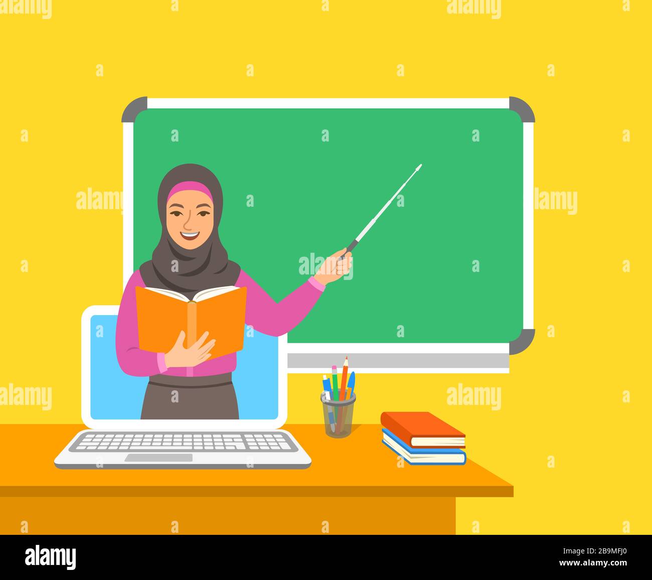 Online-Bildungskonzept. Heimunterrichts unter Quarantäne. Fernunterricht per Computer. Muslimisch-arabische Frauenlehrerin in virtueller Klasse hält offenes Buch und Stock Vektor