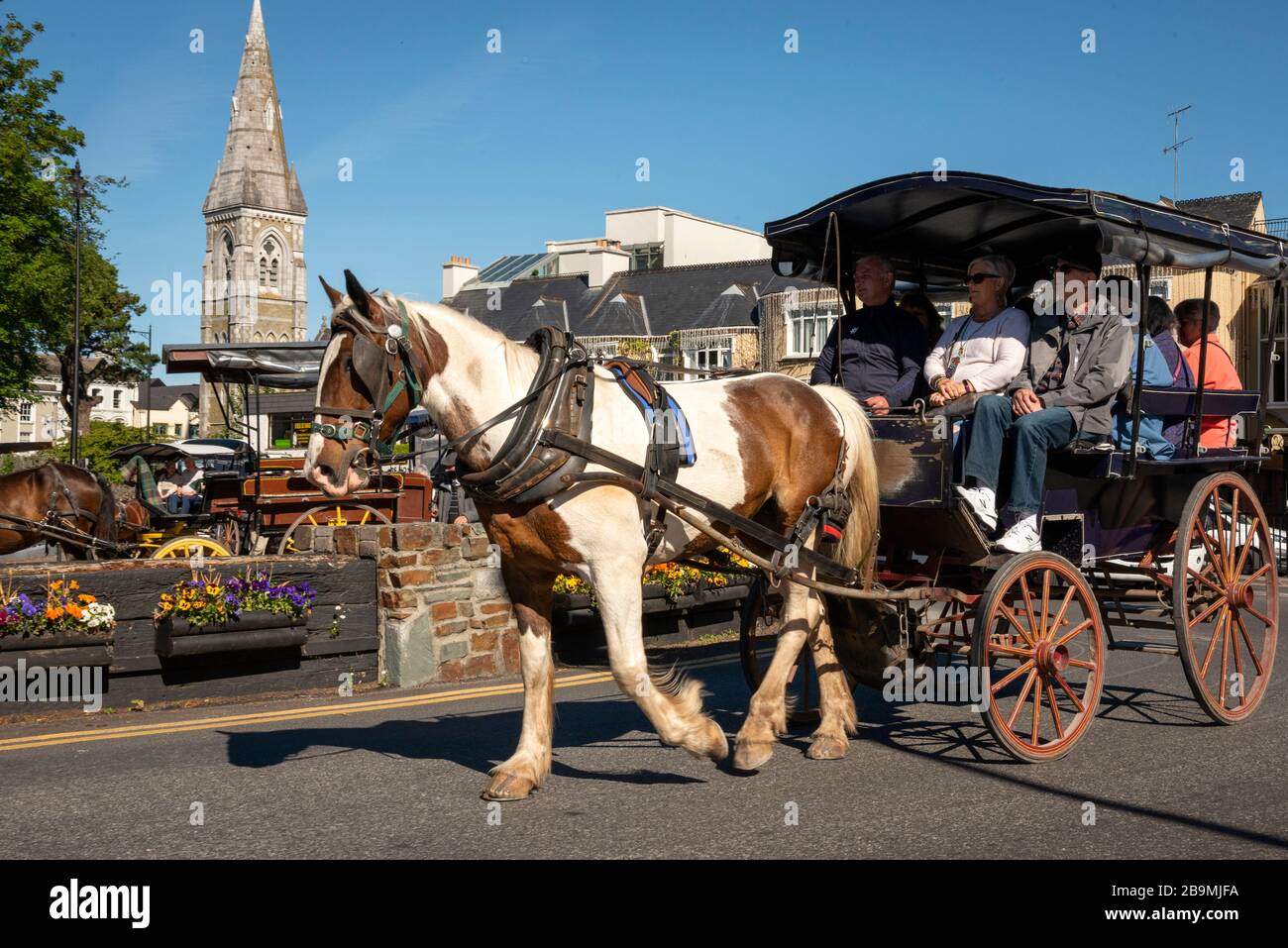 Killarney ist eine beliebte Touristenaktivität wie eine Pferdekutsche oder ein Geländewagen mit Touristen auf den Straßen an einem sonnigen Tag in Killarney, Irland Stockfoto