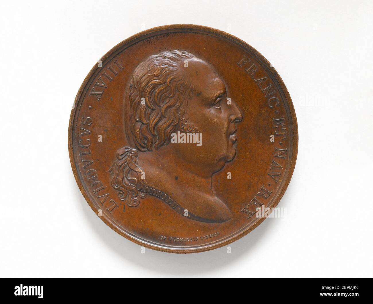 Grundsteinlegung der Schranke Poissonnière, 25. August, 188 Bertrand Andrieu (1761-1822). Portrait de Louis XVIII, roi de France et de Navarra. (Autre face : posé de la première pierre de la barrière Poissonnière, 25 août,   188). Bronze. Im Jahre 181. Paris, musée Carnavalet. Stockfoto