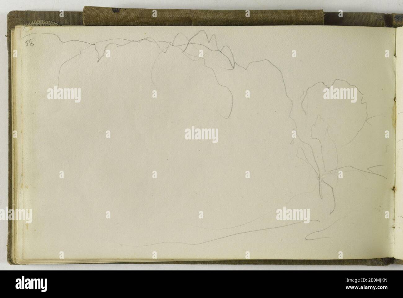 BUCH DER ZEICHNUNGEN: LANDSCHAFT vage UMRISS (SEITE 58) Camille-Jean-Baptiste Corot (1796-1875). Carnet de croquis de dessins : paysage très vaguement esquissé (Seite 58). Krebse. Paris, musée Carnavalet. Stockfoto