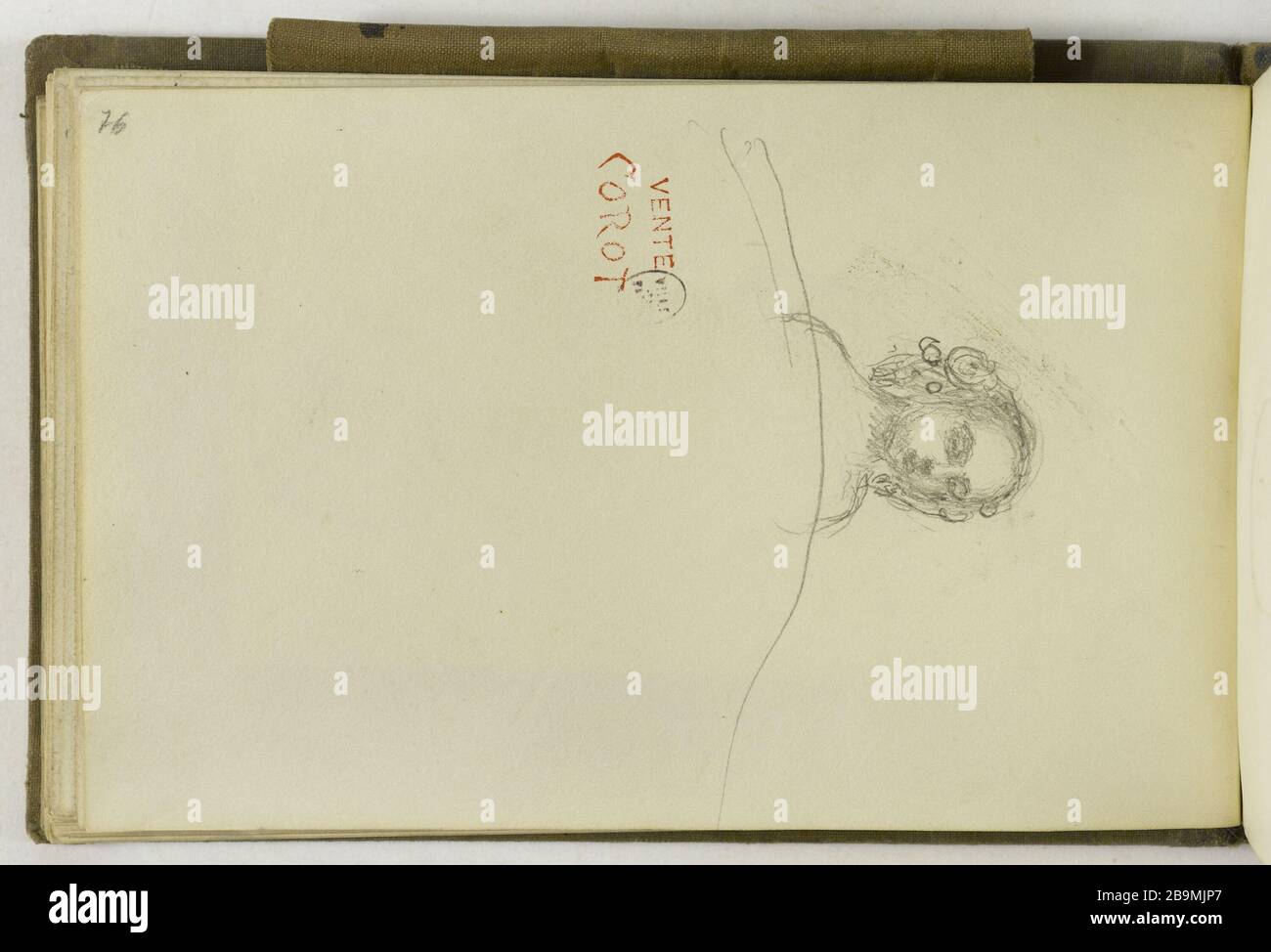 BUCH DER ZEICHNUNGEN: FRAUENKOPF UND BRIEFMARKEN-ROTVERKAUF COROT (SEITE 76) CAMILLE-JEAN-BAPTISTE COROT (1796-1875). Carnet de croquis de dessins : une tête de femme et cachet rouge vente Corot (Seite 76). Krebse. Paris, musée Carnavalet. Stockfoto